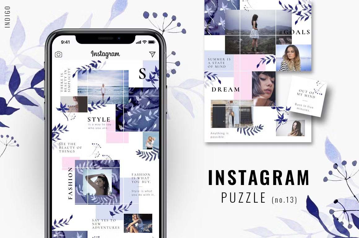 Stylish indigo watercolor Instagram puzzle template for chic feeds