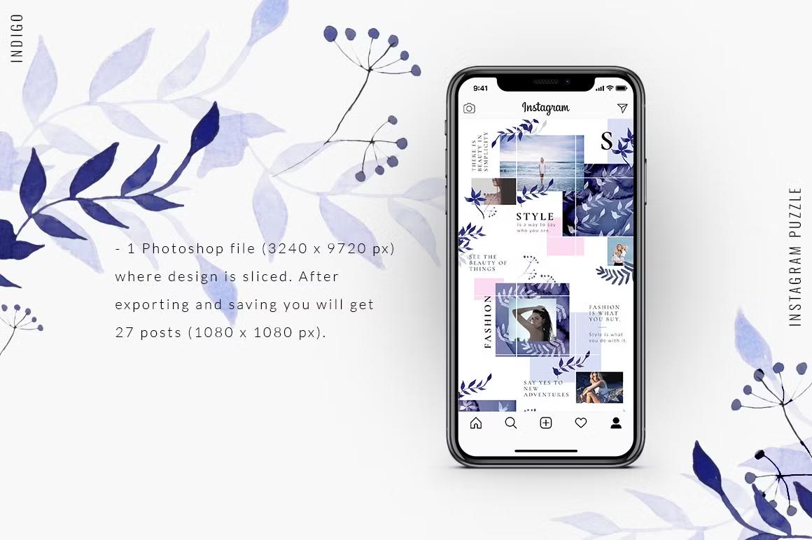 Elegant Instagram puzzle template with free fonts and grid overlay, editable in Adobe Photoshop