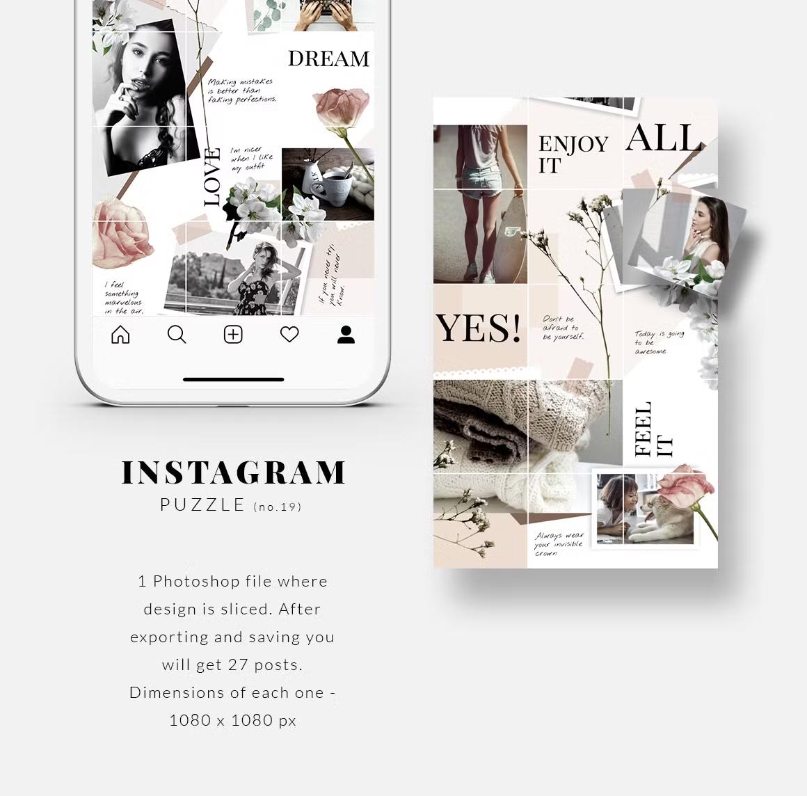 Instagram PUZZLE template - Floral: elegant floral Instagram puzzle perfect for lifestyle bloggers, boutiques, and photographers