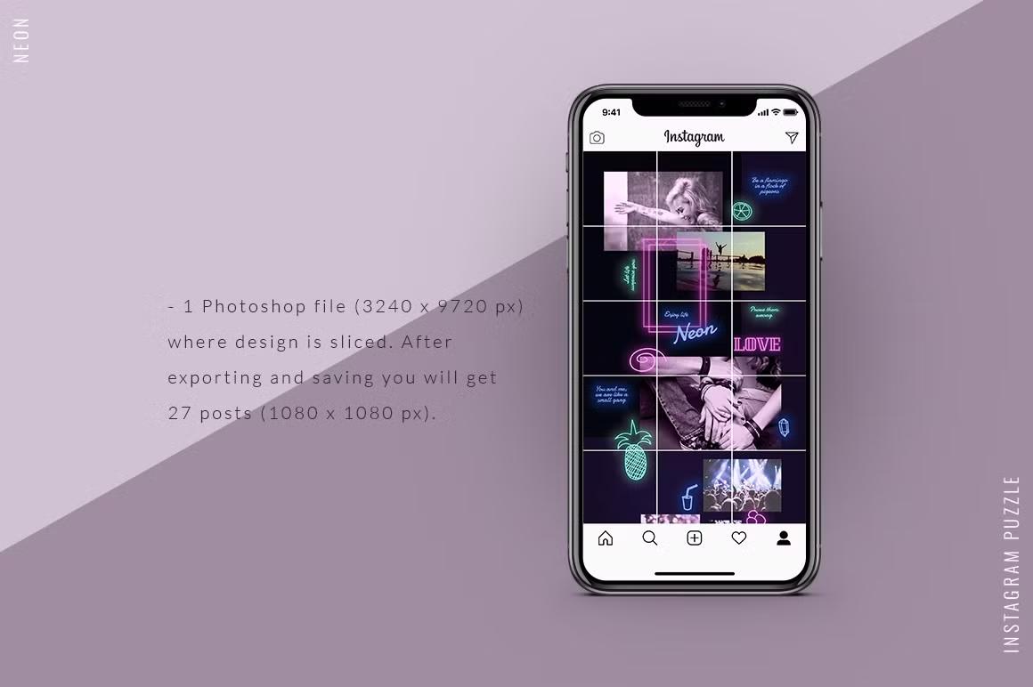 Neon-themed Instagram puzzle design ideal for vibrant blogger, boutique and photographer feeds, editable in Adobe Photoshop
