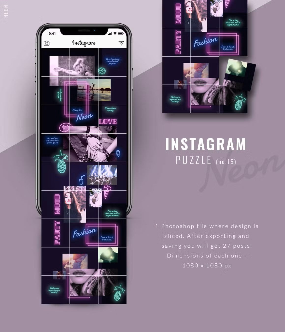 Trendy fashion neon-style Instagram puzzle template