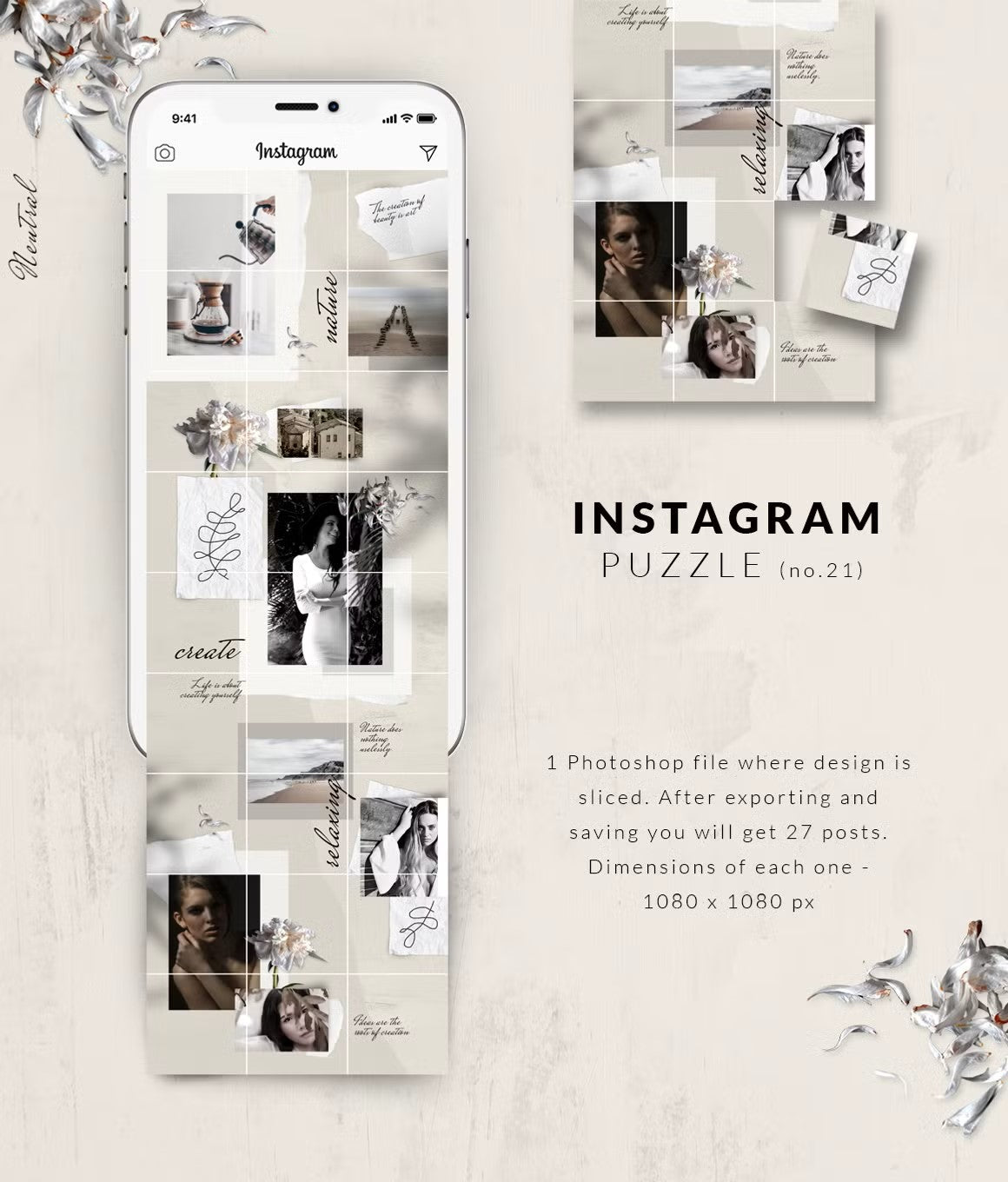 Modern fashion-style neutral grid layout Instagram puzzle template