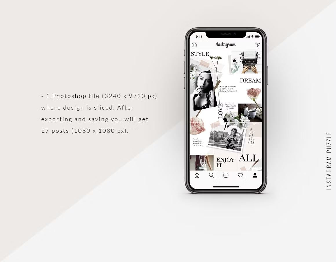 Pink boho modern floral style Instagram puzzle template for fashion social media, editable in Adobe Photoshop