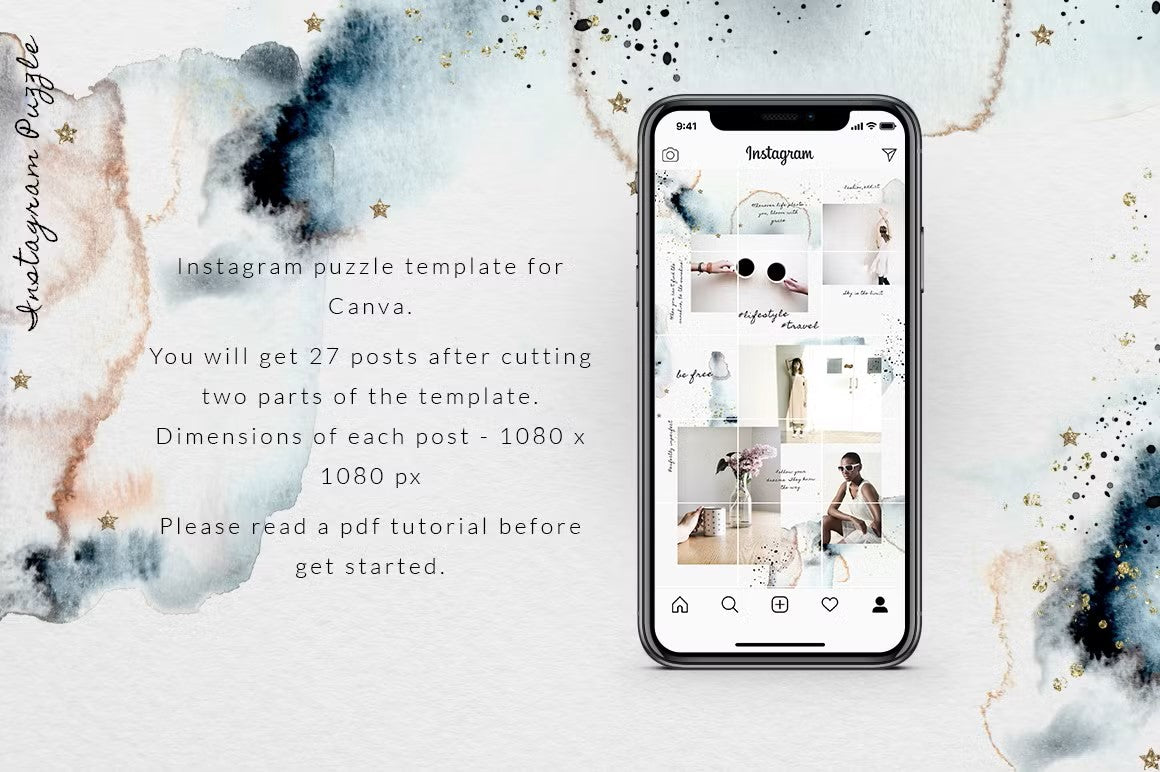 Canva Instagram template watercolor-inspired, catered to bloggers, photographers, and boutique owners, includes 27 Instagram post templates