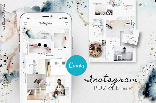 Grid layout Canva Instagram puzzle template with watercolor fashion style
