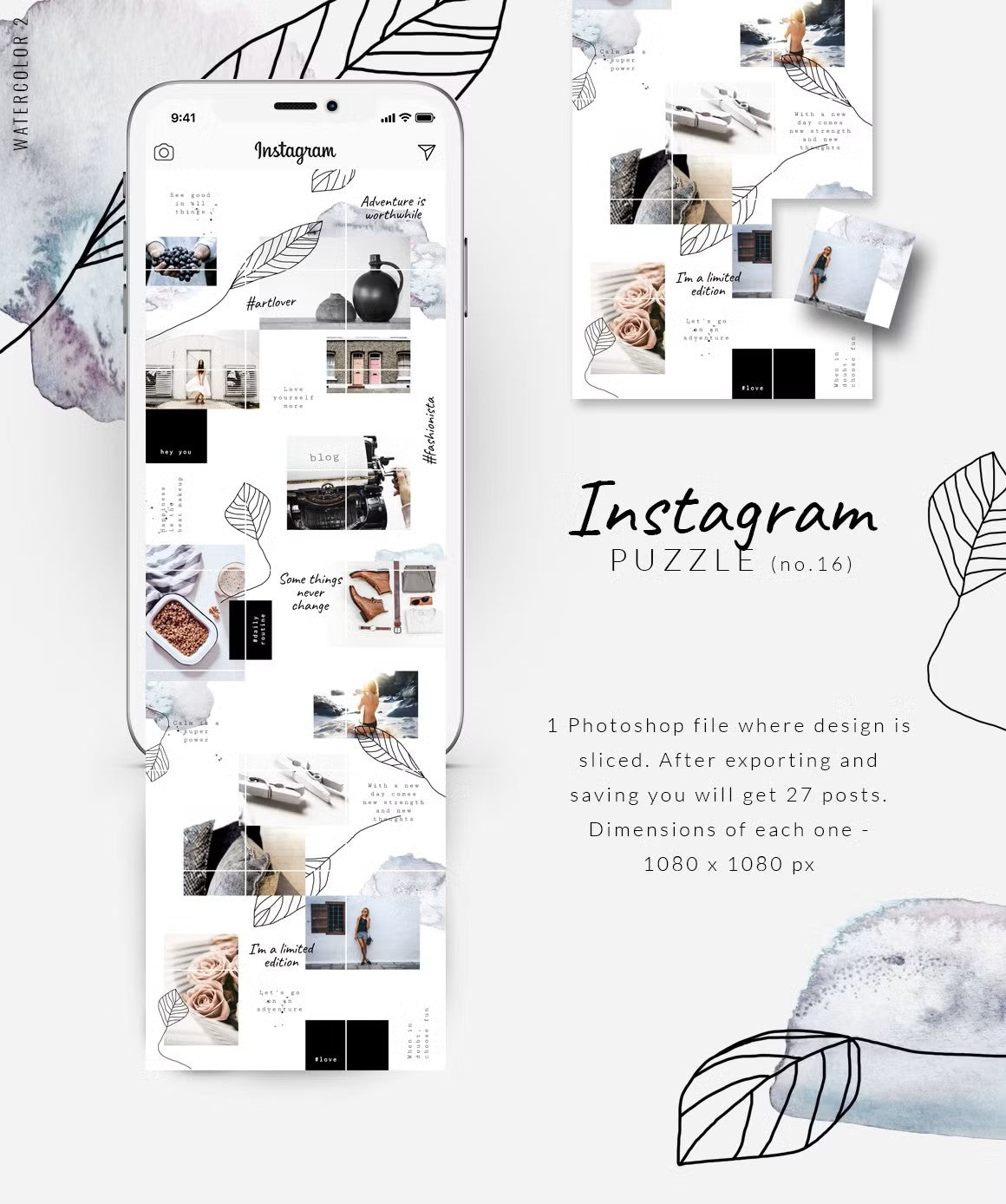 Instagram puzzle template with watercolor style