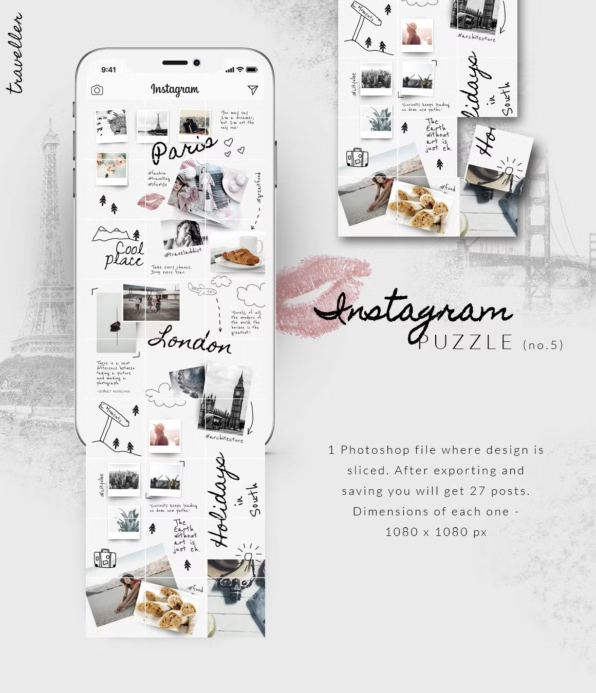 Instagram puzzle templates for traveling blogger moodboard