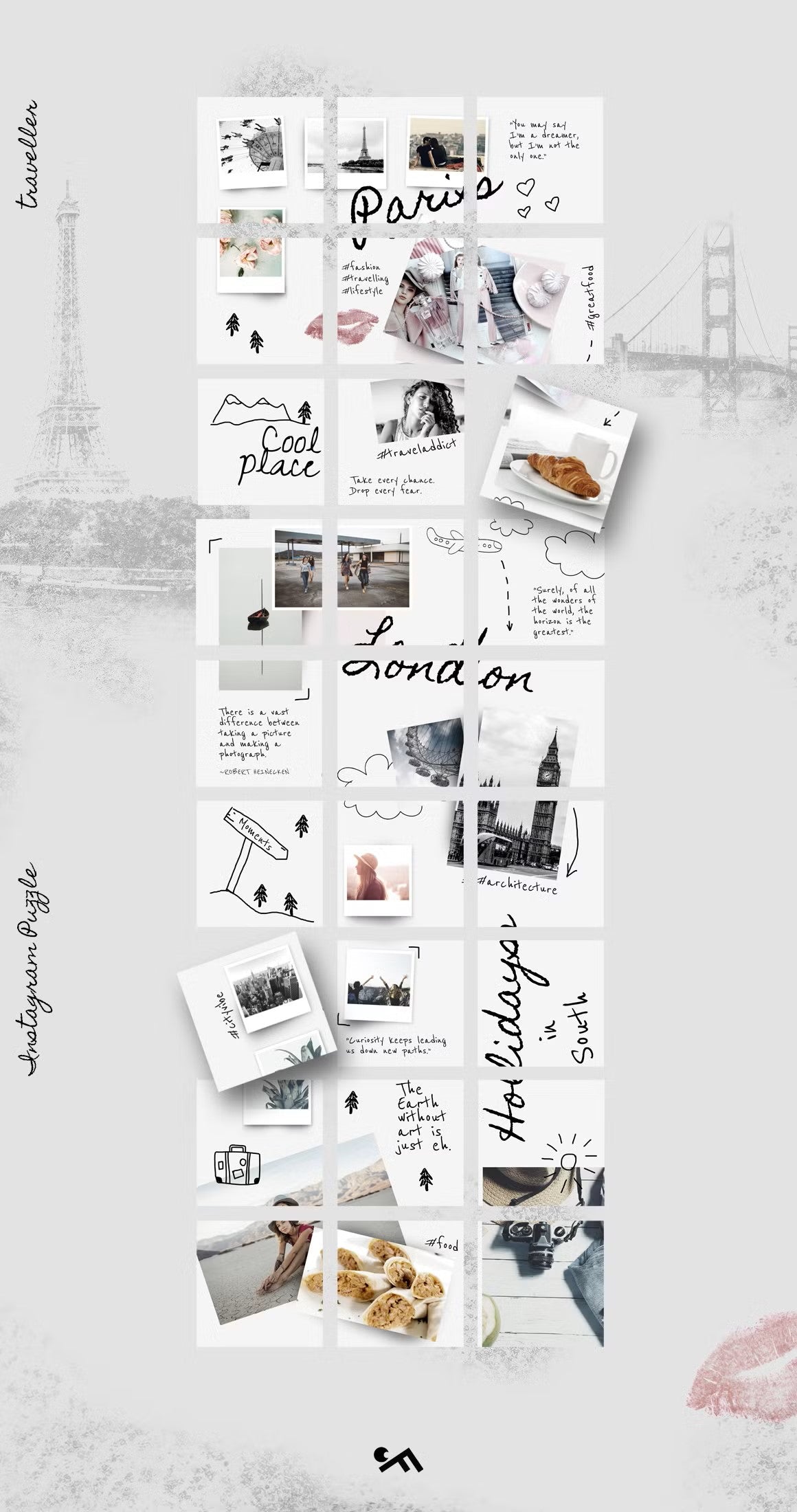 Collage moodboard Instagram puzzle templates for traveling bloggers, 27 post templates