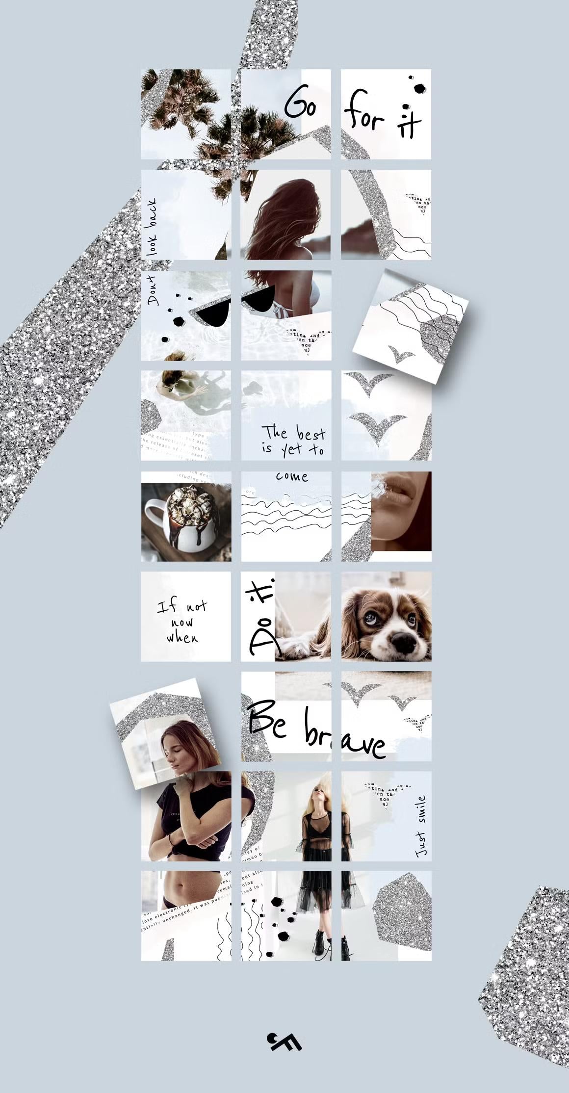 Sleek Instagram grid layout with silver glitter perfect for a stylish feed