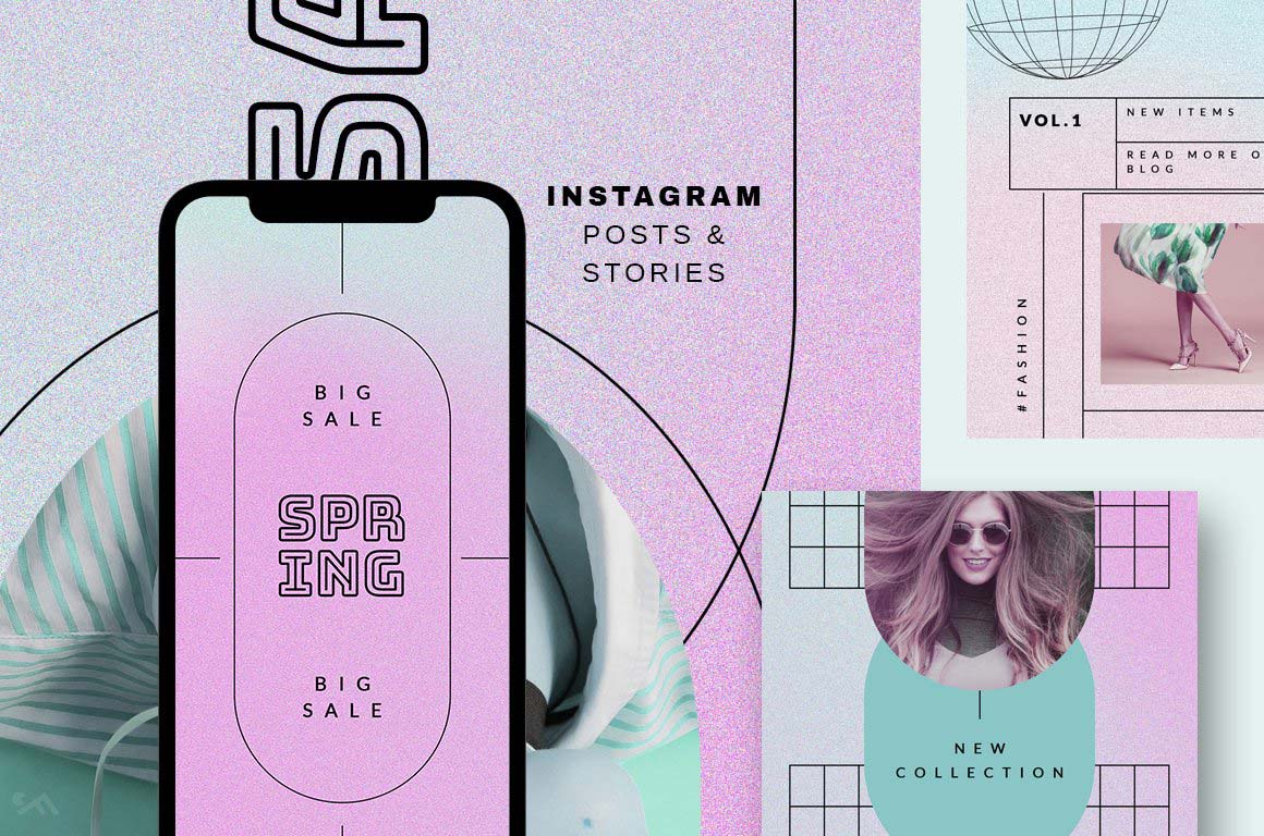 Instagram templates for Adobe Photoshop - retro gradient, neon story templates