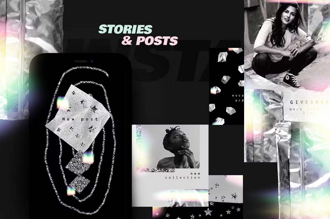 Trendy Instagram templates featuring rainbow neon shimmering elements for fashion, lifestyle, and travel bloggers