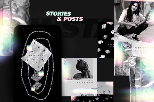 Trendy Instagram templates featuring rainbow neon shimmering elements for fashion, lifestyle, and travel bloggers