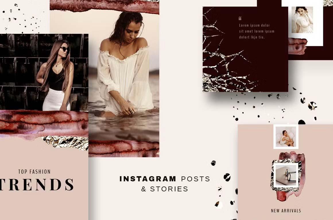 Light foil and watercolor style Instagram story and posts templates