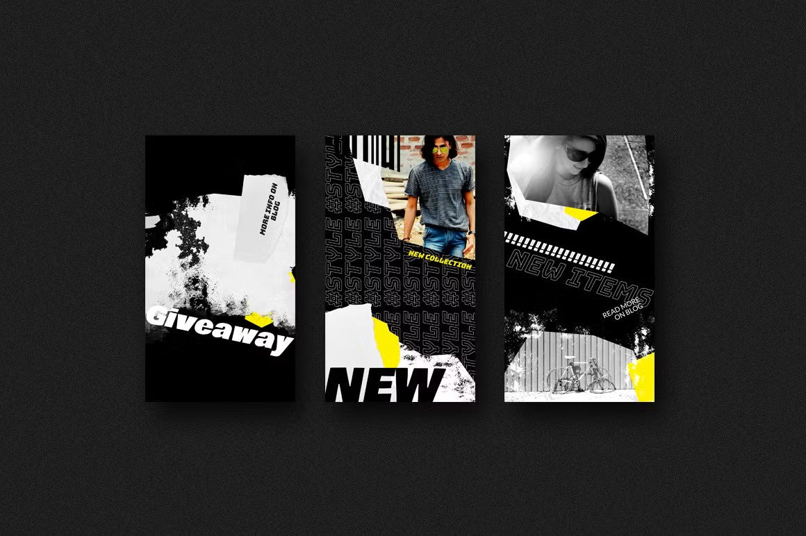 Bold and trendy Instagram story templates with grunge elements, perfect for various creative individuals and businesses