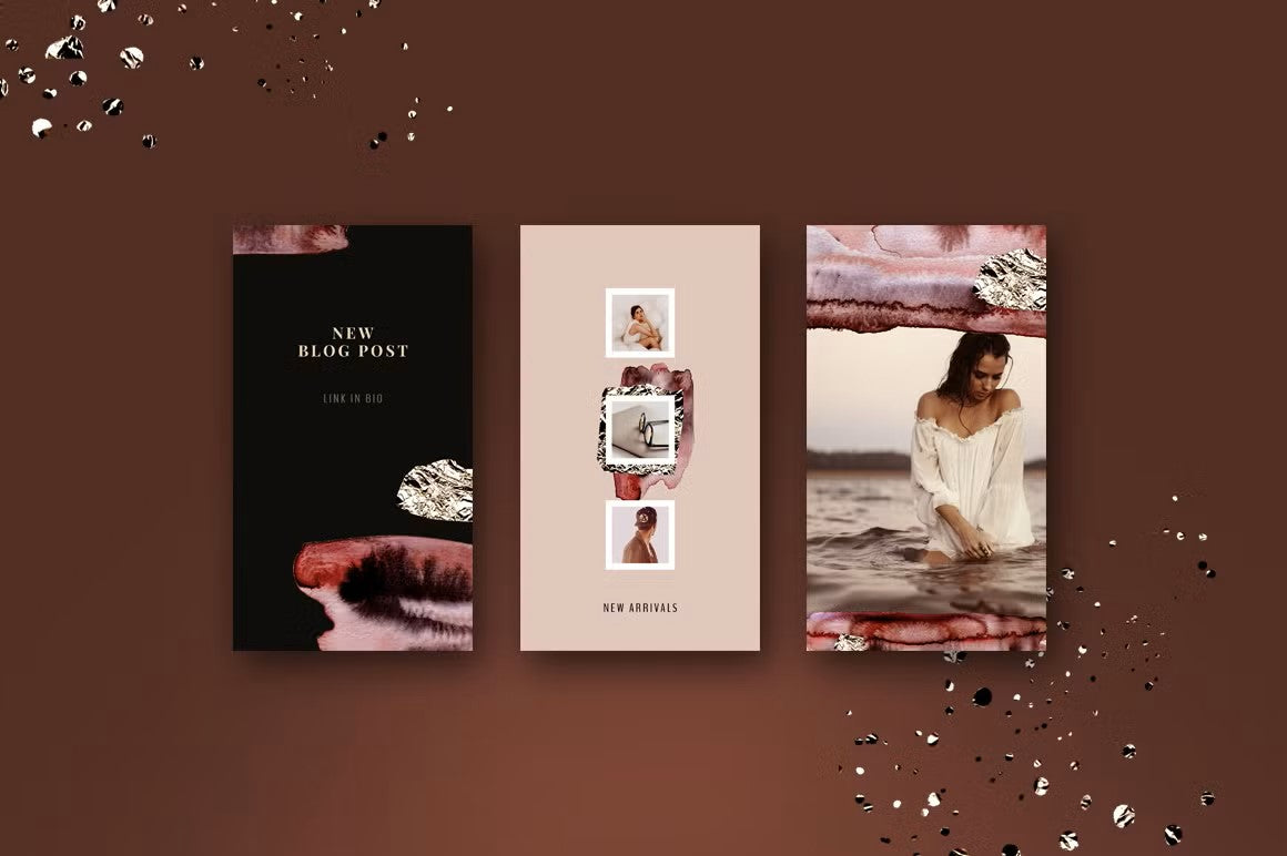Instagram story templates with a foil watercolor style - perfect for fashion, lifestyle, and travel influencers, photographers, and boutique owners
