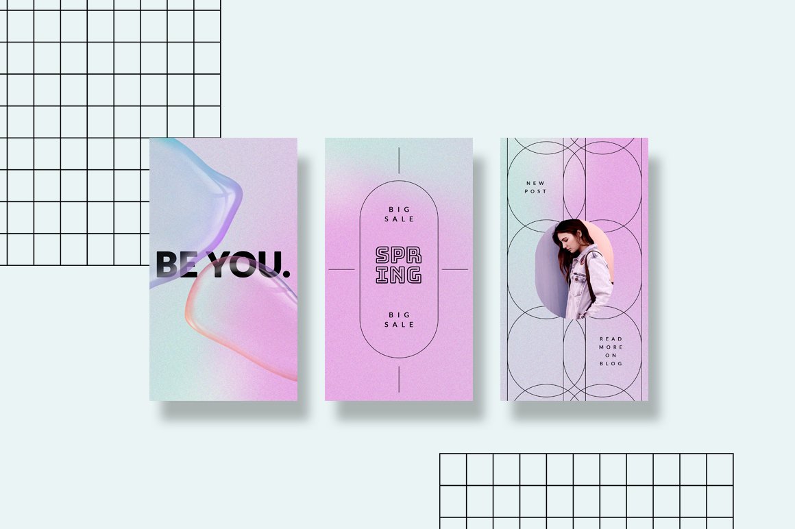 Instagram trendy stories with retro gritty gradients and liquid elements