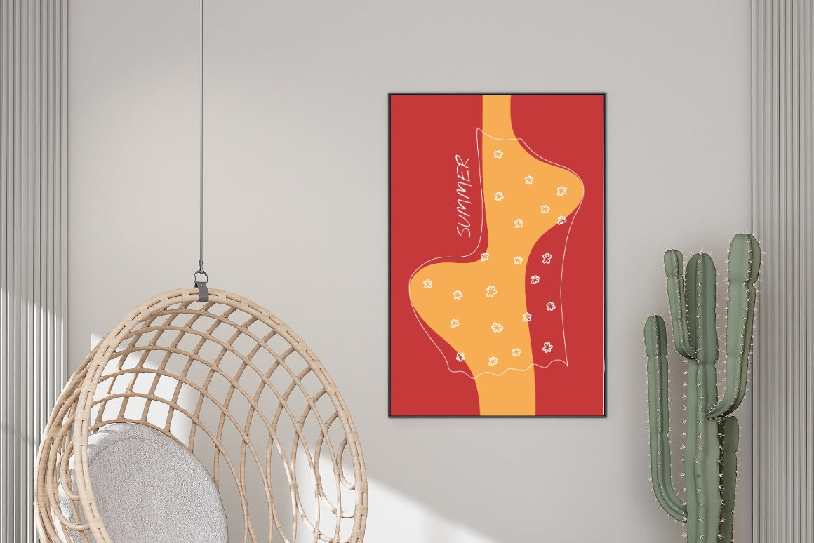 Abstract illustration of a woman in sheer floral dress, red and yellow tones, quirky digital poster in the living room