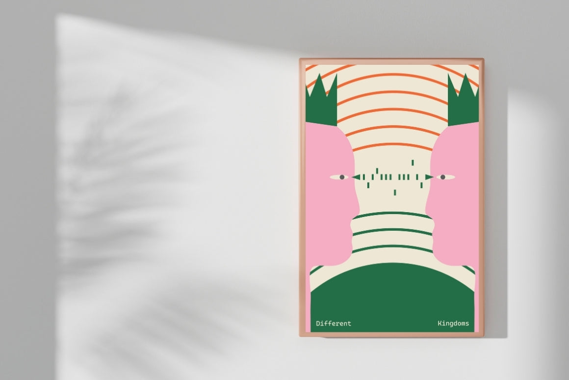 Two kings poster mockup displayed in a minimal interior space as contemporary pink and green wall decor