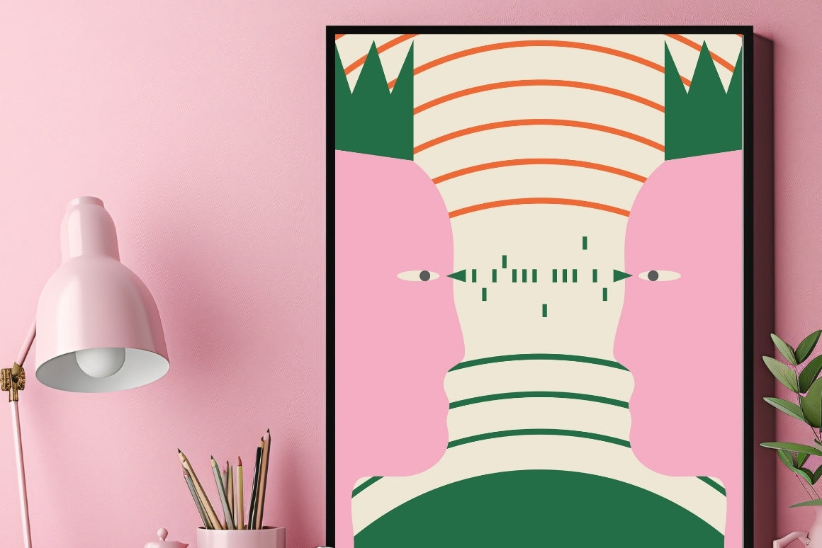 Close-up of modern two kings wall poster with detailed illustration and bold pink and green contrast design