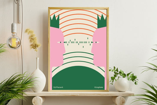 Modern two kings digital download poster with pink and green color theme featuring two illustrated kings facing each other as royal wall art