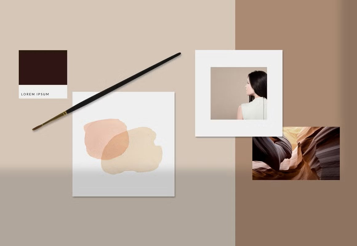 Mood board mockup, brushes, watercolor, vintage film frames, camera scene creator