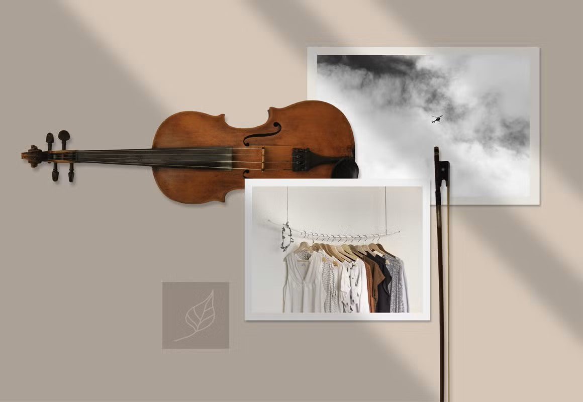Scene creator featuring instant photo frames and various objects like vintage camera, violin, and golden foil