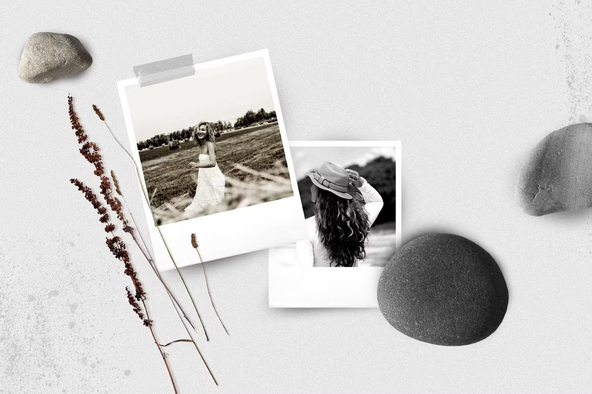 Natural, minimalist, gritty instant photo frame moodboard - ideal for photographers' portfolios, providing a cohesive and professional look