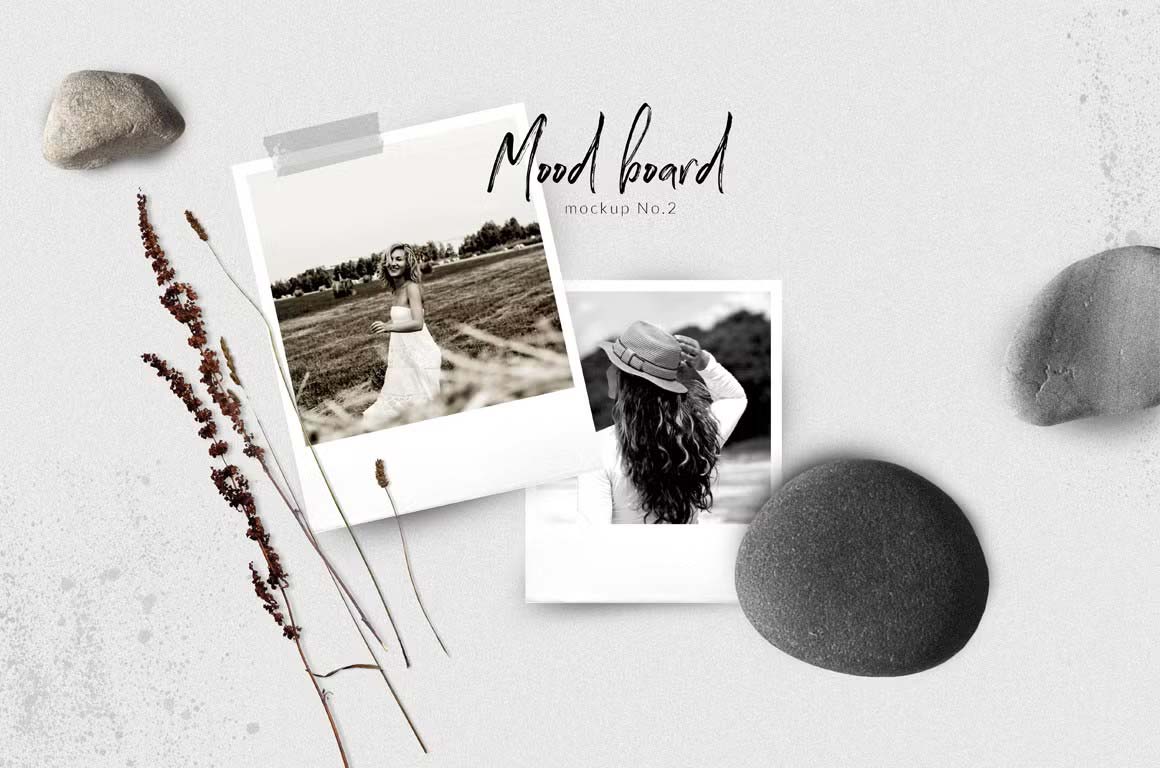 Natural, minimalist, gritty instant photo frame moodboard mockup