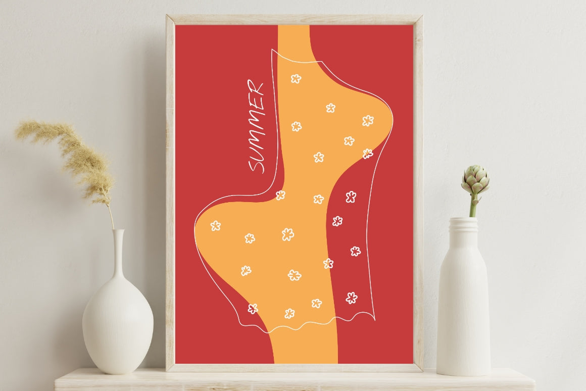 Playful floral dress pattern on abstract woman digital poster in vibrant red and yellow