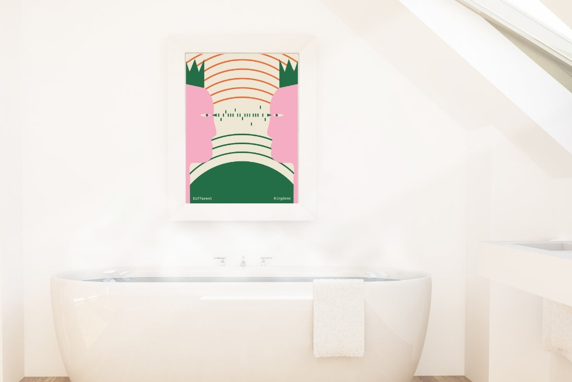 Two kings royalty themed poster in pink and green aesthetic used as modern bathroom wall art