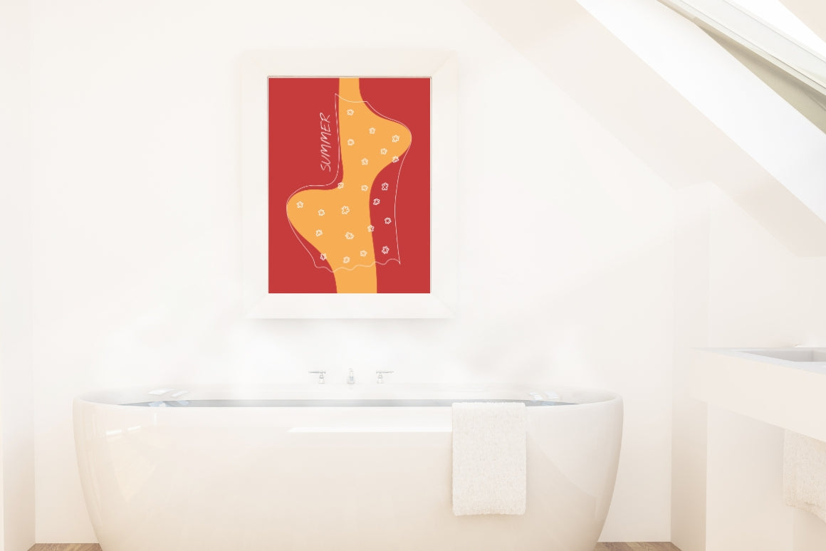 Fun summer digital poster of abstract woman in floral dress displayed in bathroom, colorful wall art 