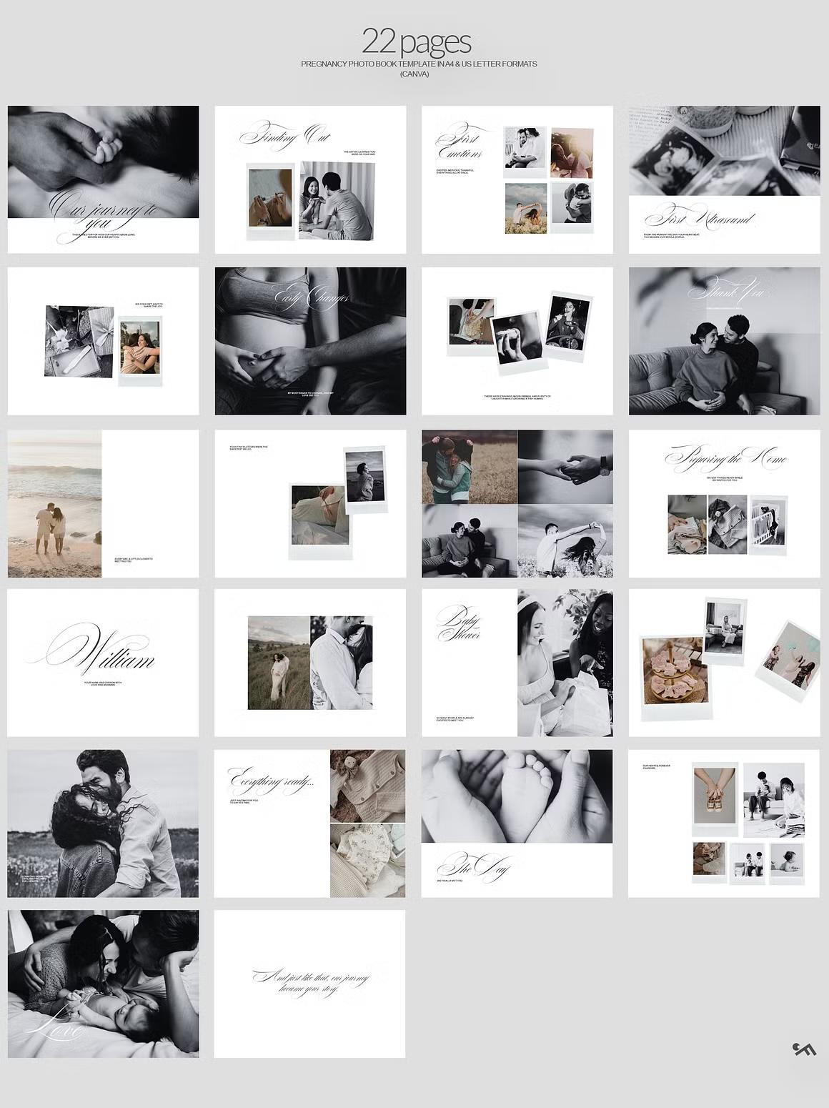 Set of 22-page pregnancy photo album design with clean layouts