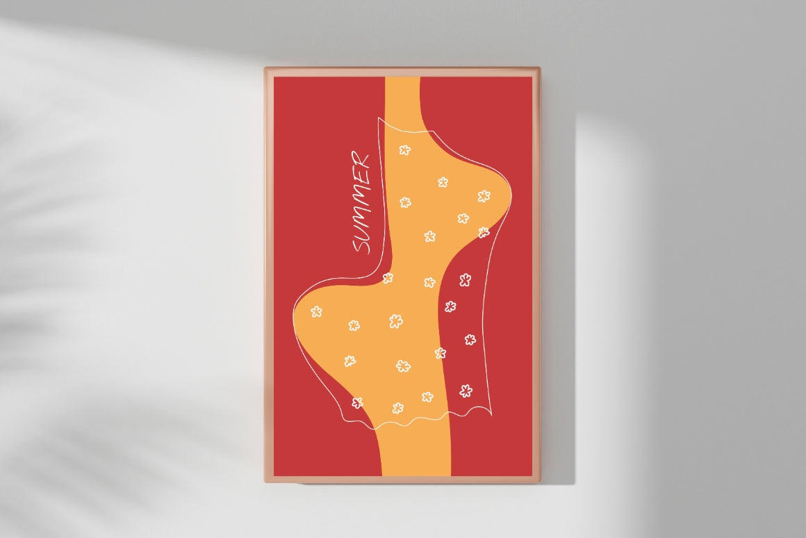 Red and yellow abstract woman digital poster in floral dress, fun summer wall art 