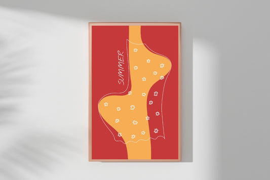 Red and yellow abstract woman digital poster in floral dress, fun summer wall art 