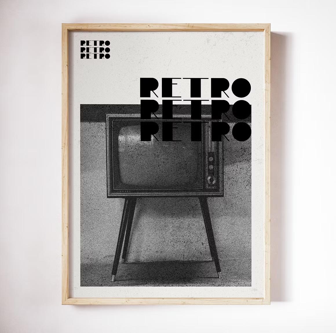 Retro style poster featuring Raw Blocks vintage bold font in black, with minimalist clean lines and uppercase letters, paired with a black and white image of an old television