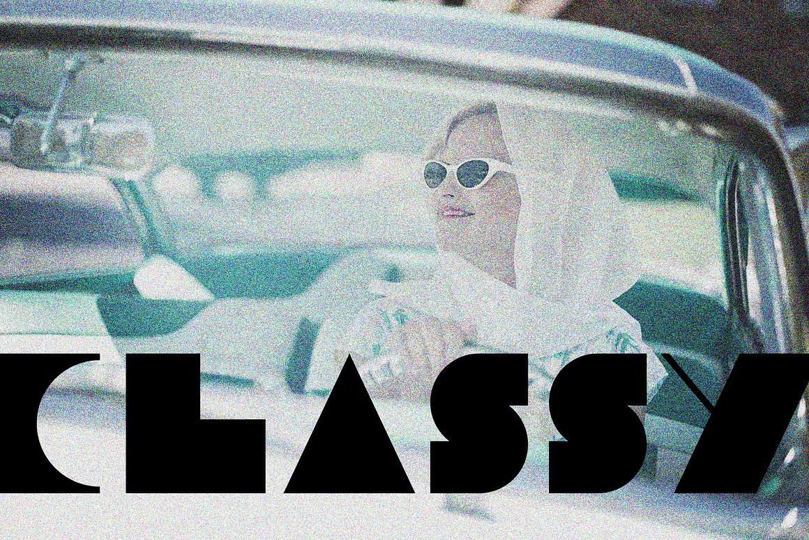 Vintage style image with a woman in a car, featuring the word 'CLASSY' in bold black Raw Blocks font, showcasing a retro and elegant aesthetic