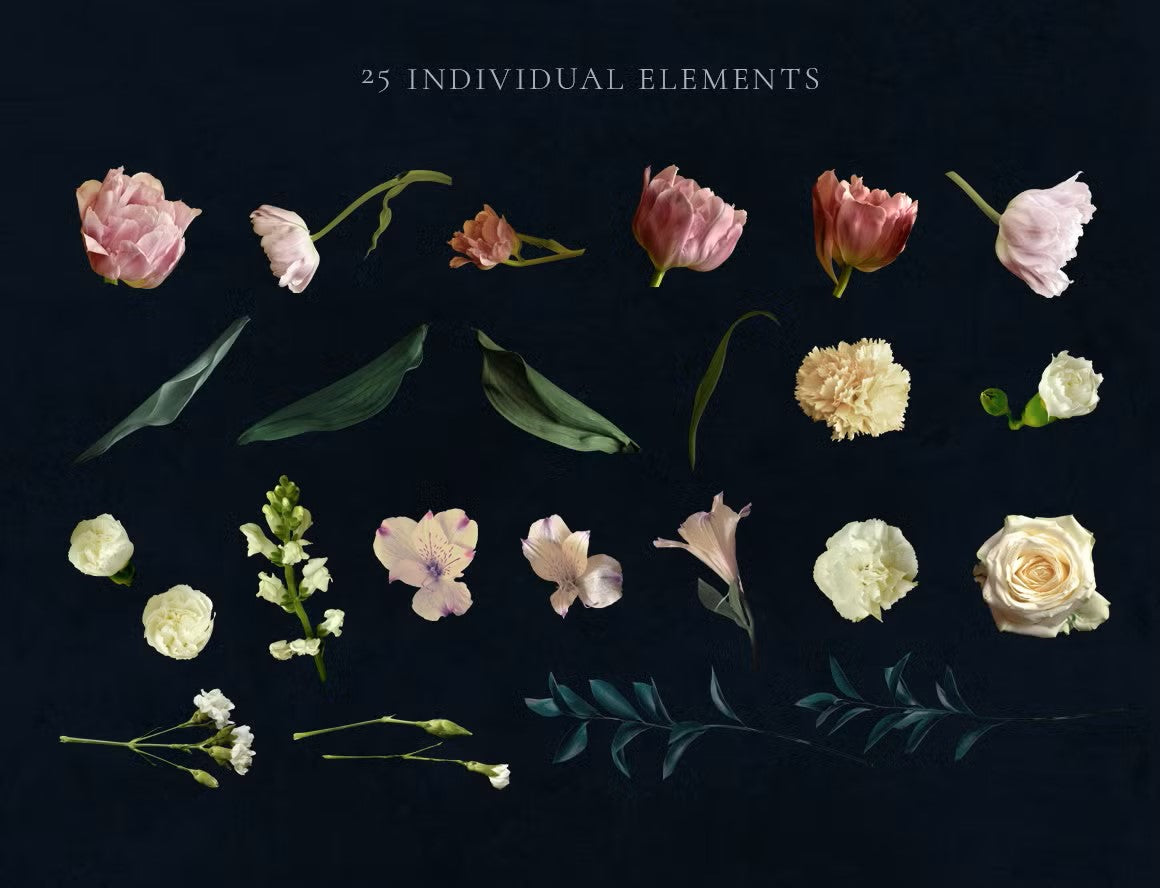 Luxury and elegant fashion-style clipart set featuring real flowers, 25 individual elements