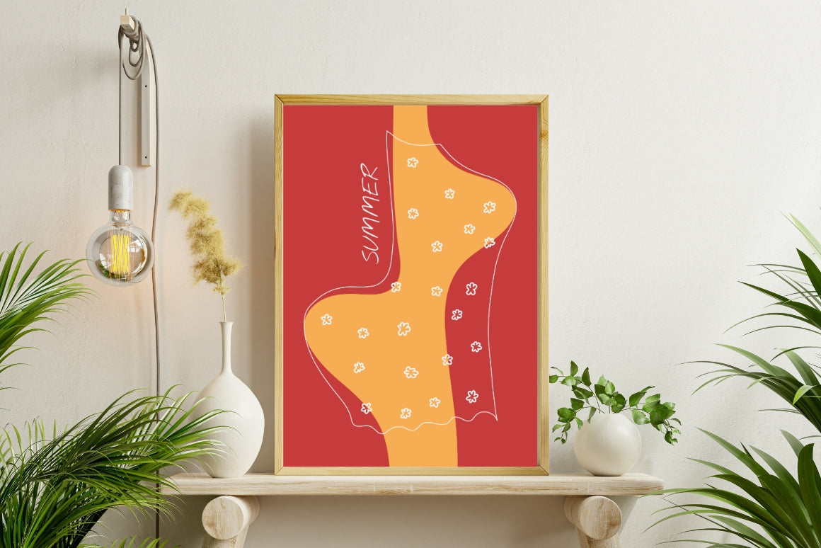 Bright and whimsical digital poster of abstract woman in floral dress, red and yellow summer art print