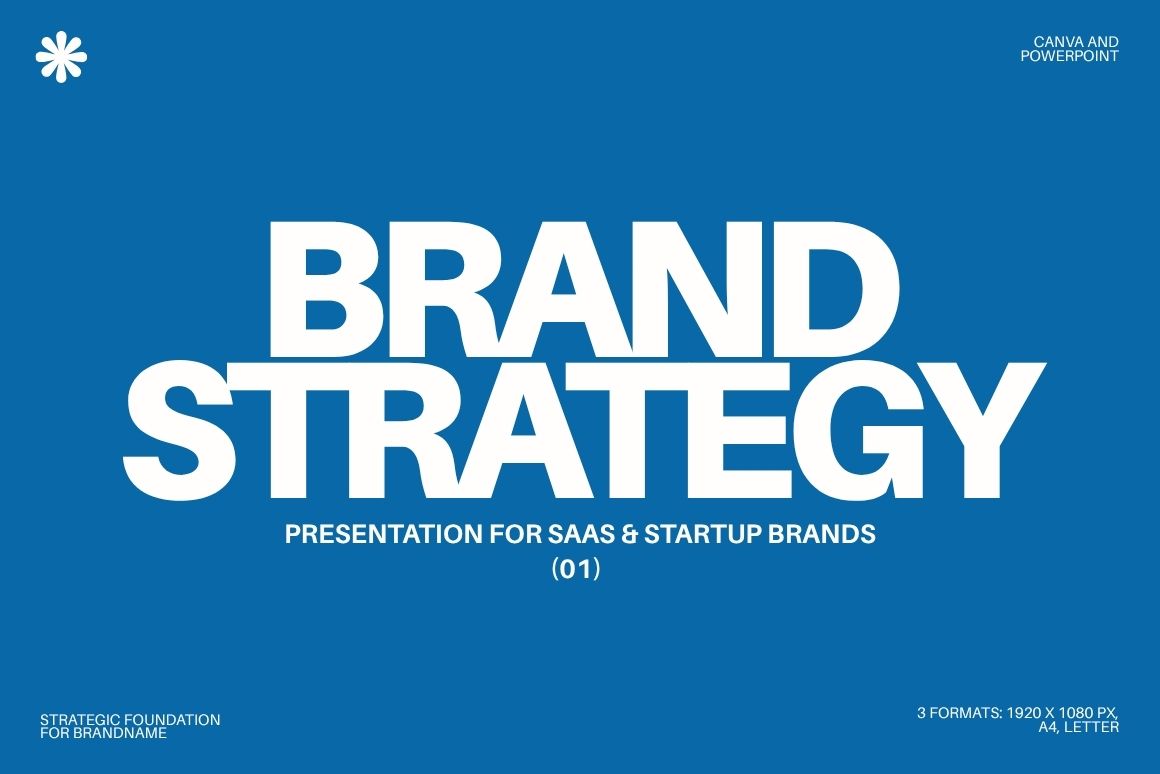 Brand Strategy presentation template cover slide in blue, for SaaS and startup branding, Canva and PowerPoint.