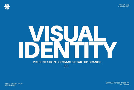 Visual identity template presentation for SaaS and startup brands featuring logo design, color palette, typography, brand applications, and brand guidelines