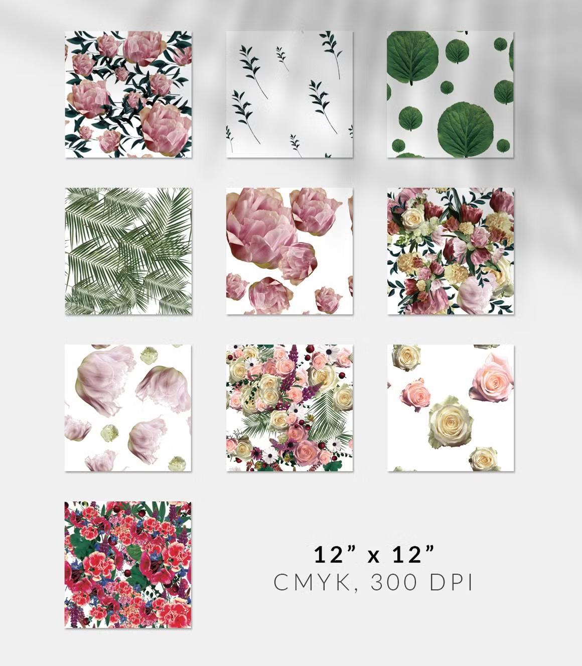 Real flowers and leaves patterns collection, 10 JPG files (12" x 12")