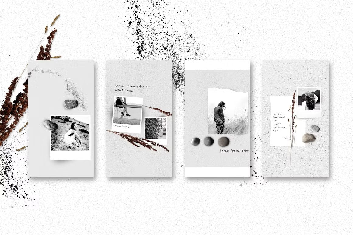 Clean and sophisticated designs featuring instant photos and organic elements for a cohesive aesthetic
