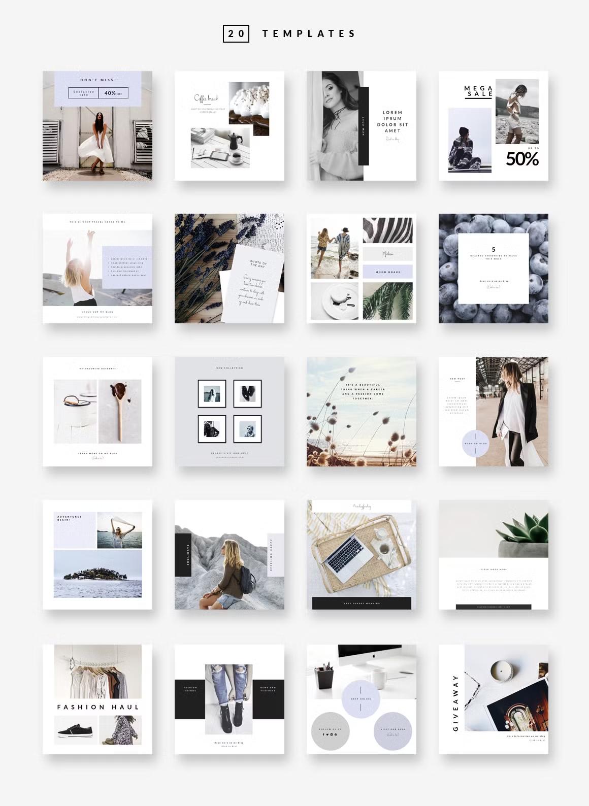 20 Instagram post templates lifestyle, fashion theme