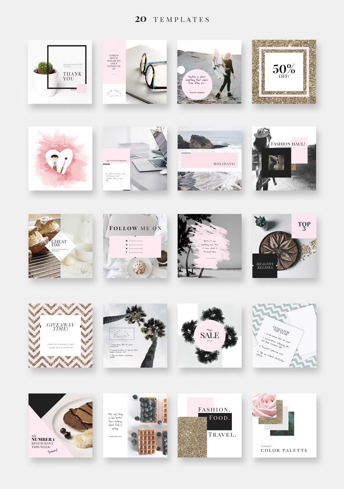 20 Instagram post templates lifestyle, travel theme