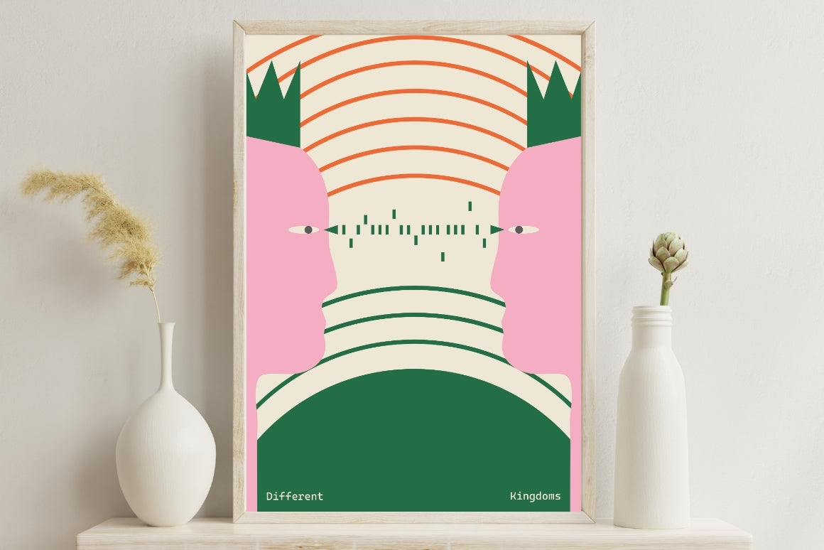 Modern royal poster with two illustrated kings facing each other symbolizing power and different kingdoms