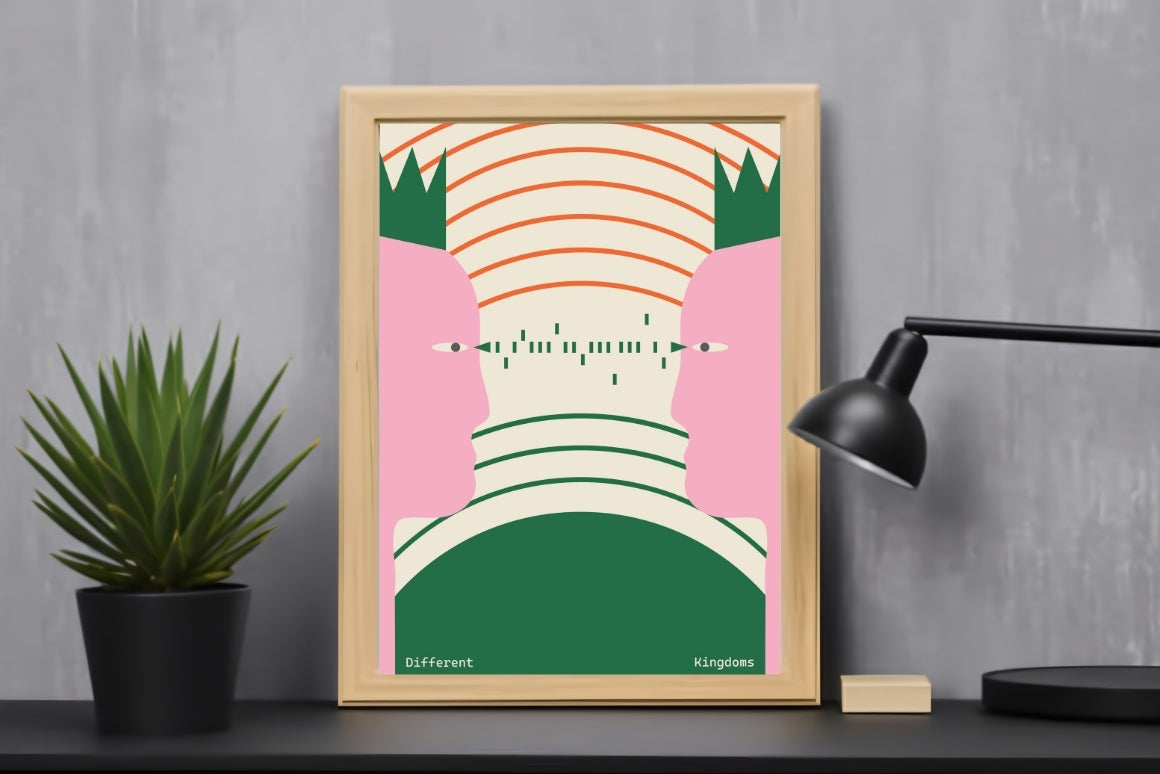 Two kings facing each other illustrated poster displayed as modern royal wall art for home decor