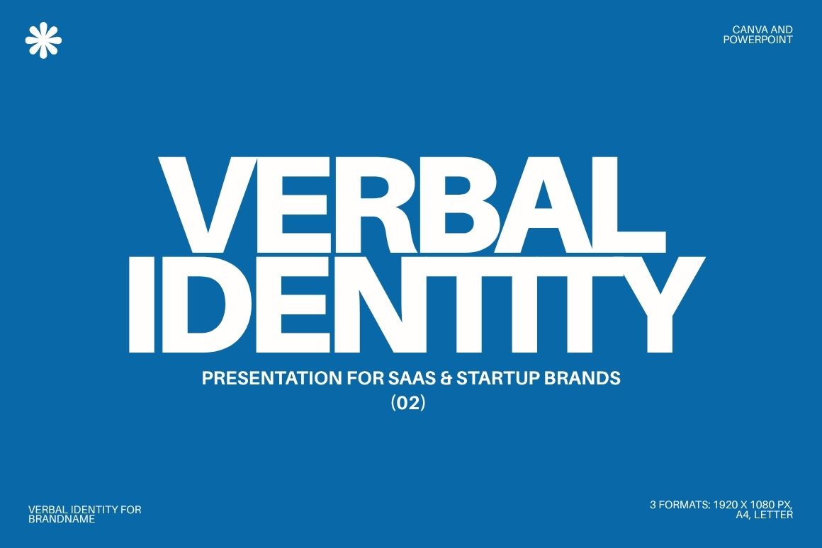 Verbal identity template presentation for SaaS and startup brands featuring brand voice, messaging, tone of voice, and strategic branding pages