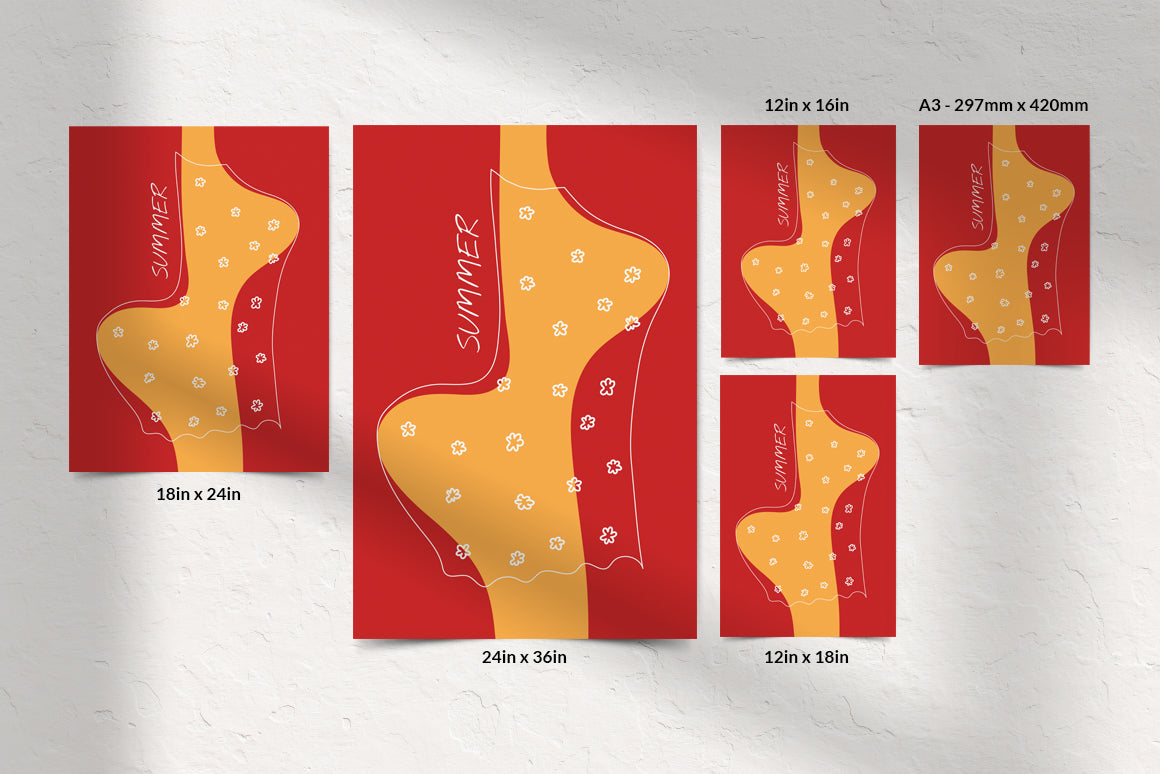 Set of different sizes red and yellow quirky woman digital posters, abstract summer illustration