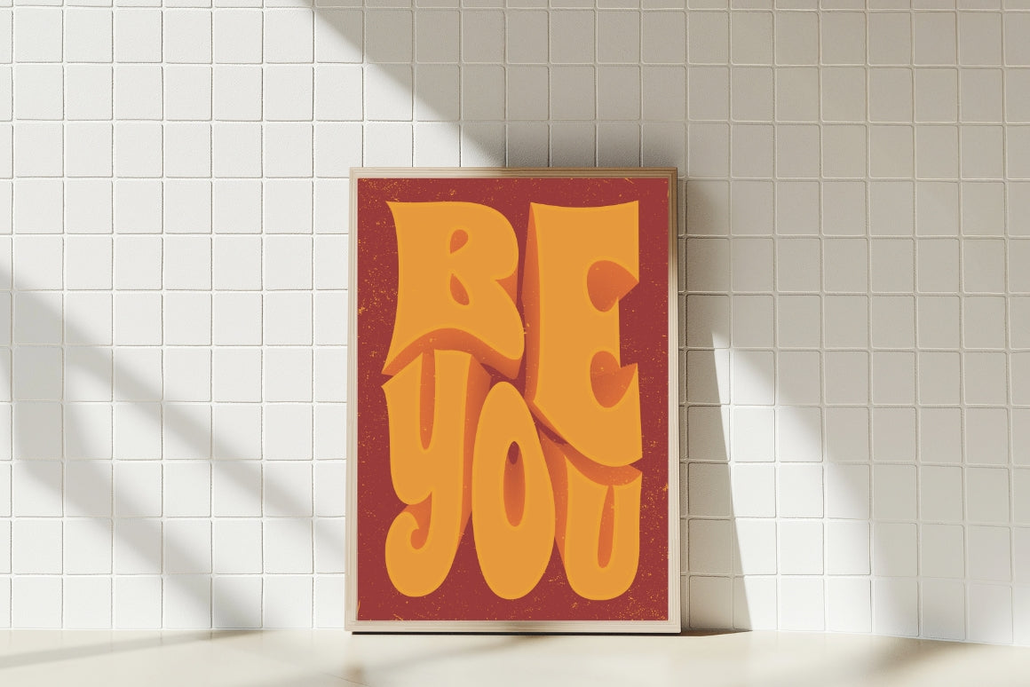 Retro motivational quote poster featuring orange and yellow 3D typography on a vintage background