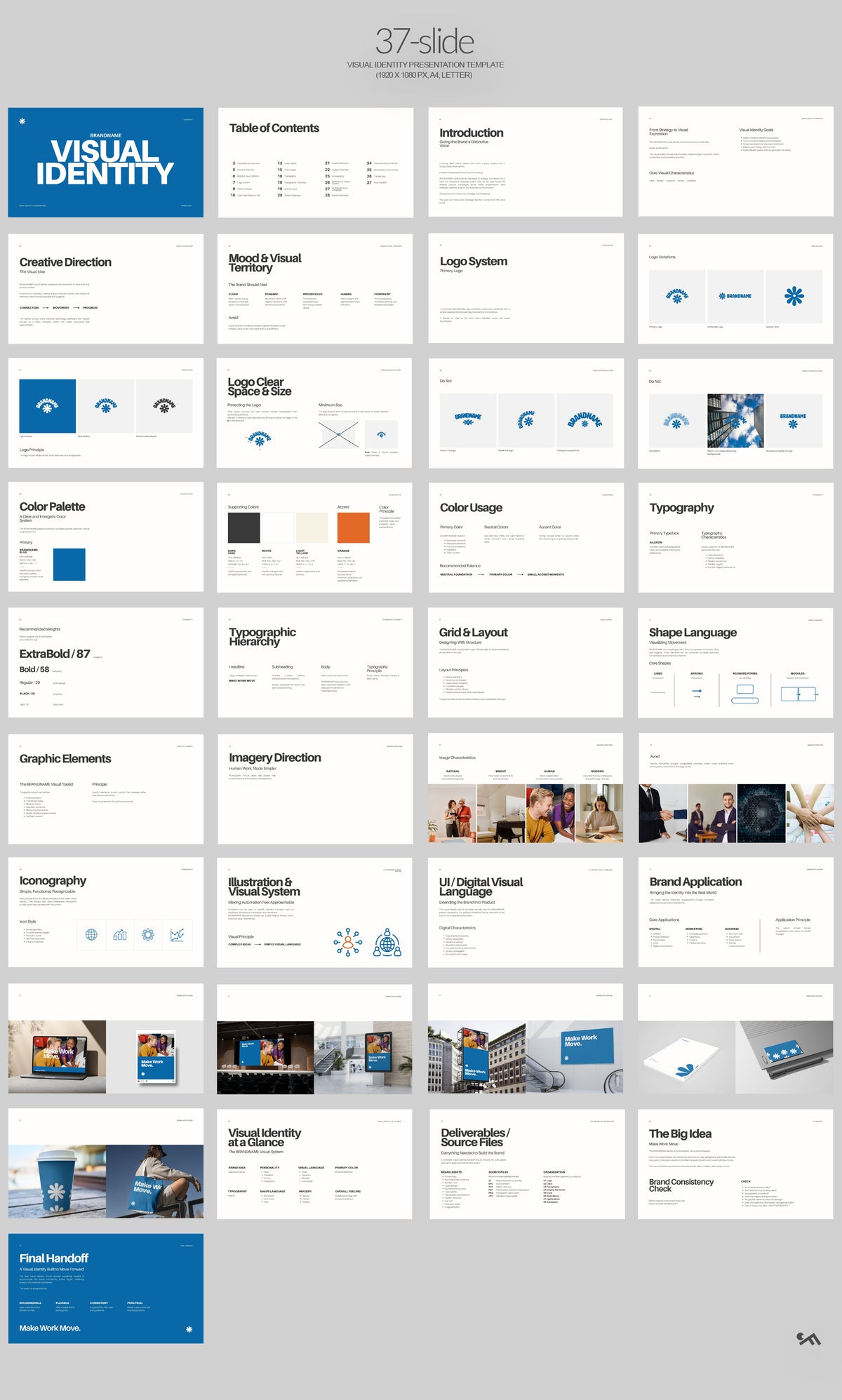 Overview of the Visual Identity Presentation template showcasing all pages for creative direction, logo systems, color palettes, typography, graphic elements, brand applications, and brand guidelines